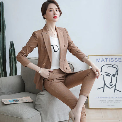 High-quality 2 Piece Suit Set Plaid Formal Pant Suit Blazer Office Lady Designs Women Soft Jacket and Ankle-Length Trouser-meg BEST buys