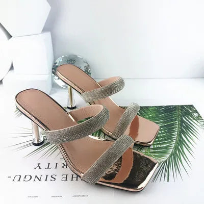 Women Summer Rhinestone Peep Toe High Heels Sandals Casual Transparent Slipper Heels Sandals Dailywear Shoes-meg BEST buys