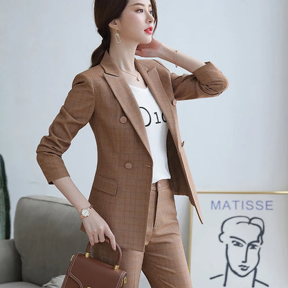 High-quality 2 Piece Suit Set Plaid Formal Pant Suit Blazer Office Lady Designs Women Soft Jacket and Ankle-Length Trouser-meg BEST buys