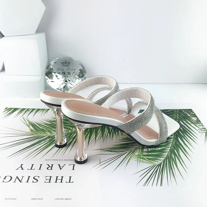 Women Summer Rhinestone Peep Toe High Heels Sandals Casual Transparent Slipper Heels Sandals Dailywear Shoes-meg BEST buys