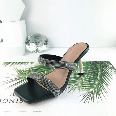 Women Summer Rhinestone Peep Toe High Heels Sandals Casual Transparent Slipper Heels Sandals Dailywear Shoes-meg BEST buys
