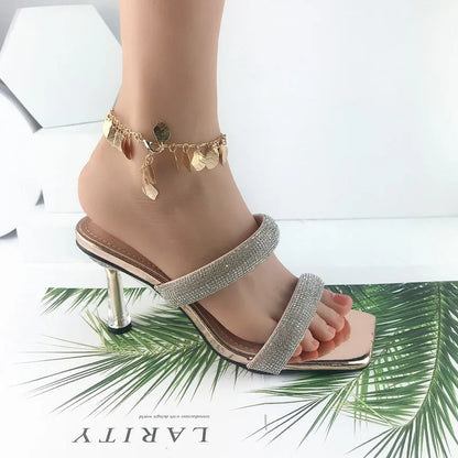 Women Summer Rhinestone Peep Toe High Heels Sandals Casual Transparent Slipper Heels Sandals Dailywear Shoes-meg BEST buys