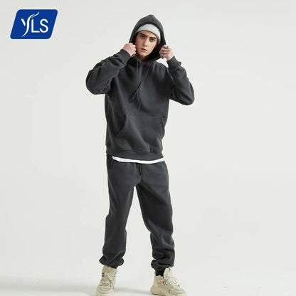YLS Men 330GSM Fleece Thick Blank Custom Logo Printing Jogger Suit Set Plus Size Private Label Stacked Tracksuits Sweat Suits-meg BEST buys