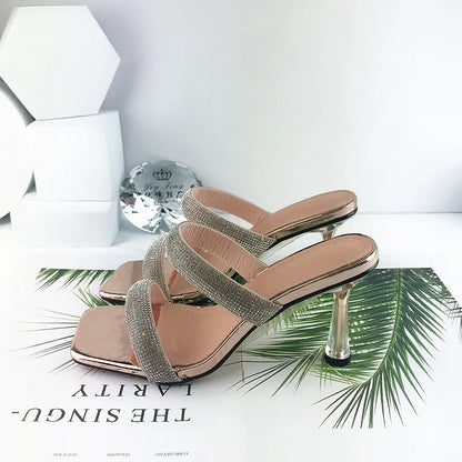 Women Summer Rhinestone Peep Toe High Heels Sandals Casual Transparent Slipper Heels Sandals Dailywear Shoes-meg BEST buys