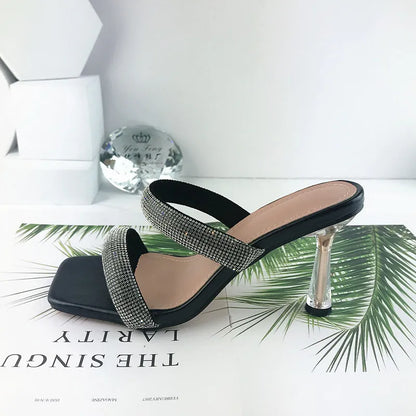 Women Summer Rhinestone Peep Toe High Heels Sandals Casual Transparent Slipper Heels Sandals Dailywear Shoes-meg BEST buys