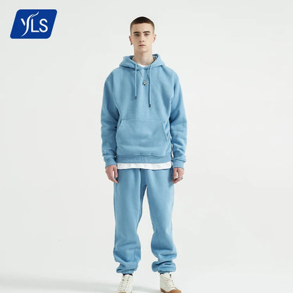 YLS Men 330GSM Fleece Thick Blank Custom Logo Printing Jogger Suit Set Plus Size Private Label Stacked Tracksuits Sweat Suits-meg BEST buys
