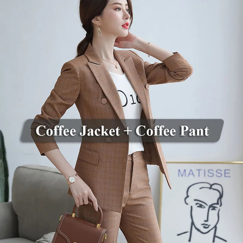 High-quality 2 Piece Suit Set Plaid Formal Pant Suit Blazer Office Lady Designs Women Soft Jacket and Ankle-Length Trouser-meg BEST buys