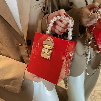 Drop Shipping Retro dinner box patent leather bag female mini pearl portable cosmetic bag casual box handbag tide shoulder bag-meg BEST buys