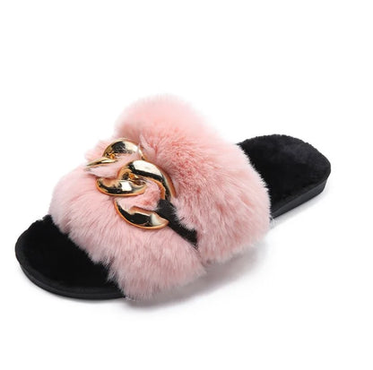 Leslides High Quality Fur Flat Sandals Furry Women's Sandals Soft Fur Slippers Sandals Fur Indoor Slides With Large Gold Chain-meg BEST buys