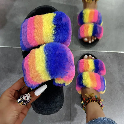 Leslides High Quality Fur Flat Sandals Furry Women's Sandals Soft Fur Slippers Sandals Fur Indoor Slides With Large Gold Chain-meg BEST buys