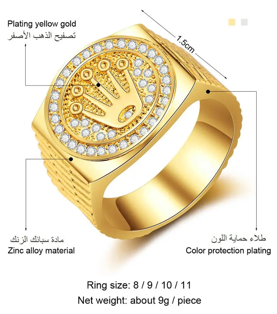 Hot Sale Vintage Hip Hop rock Crown Ring Men And Women Gold-plated Crown Rings Engagement Wedding Party Jewelry With Drill-meg BEST buys