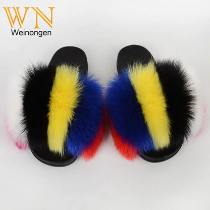 Custom new Summer Colorful Faux Fur Slides For Women Furry Slippers Slides Ladies Big Size Faux Fox Hair sandals-meg BEST buys
