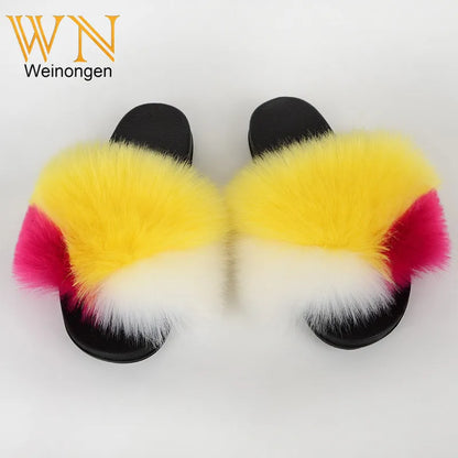 Custom new Summer Colorful Faux Fur Slides For Women Furry Slippers Slides Ladies Big Size Faux Fox Hair sandals-meg BEST buys
