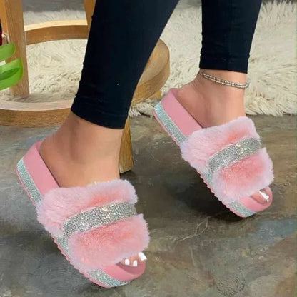 Rhinestone Fur Fluffy Plush Slippers Women Glitter Slides Blinged Platform Slippers For Women-meg BEST buys