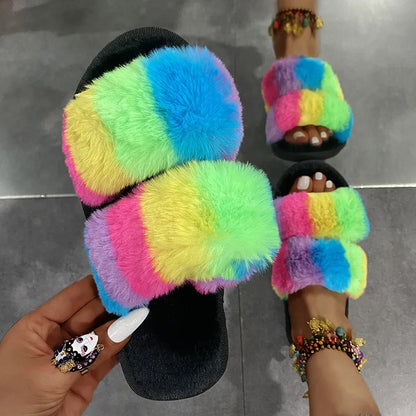Leslides High Quality Fur Flat Sandals Furry Women's Sandals Soft Fur Slippers Sandals Fur Indoor Slides With Large Gold Chain-meg BEST buys