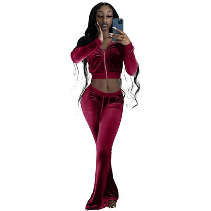 Fall 2022 Solid Velvet Sweatsuit Women Two Piece Sport Suit Zipped Long Sleeve Crop Coat and Bell Bottom Pant Velour Tracksuit-meg BEST buys