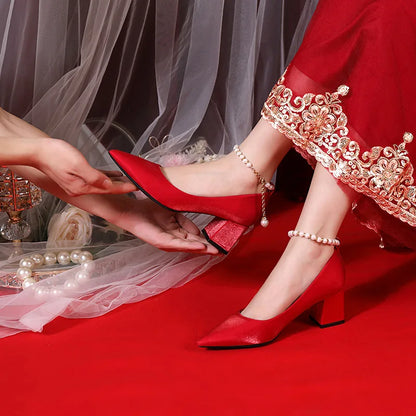 2022 New Female Spring Autumn Block Heels Pointed-toe Ankle Wrap Wedding Bridal Shoes Outside Banquet Ladies Sandals-meg BEST buys