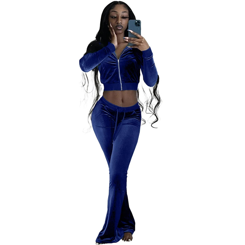 Fall 2022 Solid Velvet Sweatsuit Women Two Piece Sport Suit Zipped Long Sleeve Crop Coat and Bell Bottom Pant Velour Tracksuit-meg BEST buys