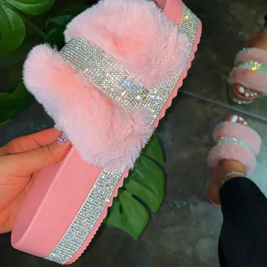 Rhinestone Fur Fluffy Plush Slippers Women Glitter Slides Blinged Platform Slippers For Women-meg BEST buys
