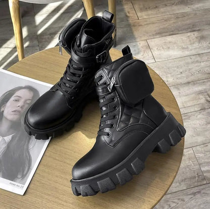 Thick-soled wallet women's boots winter new patent leather women's boots lace up motorcycle boots-meg BEST buys