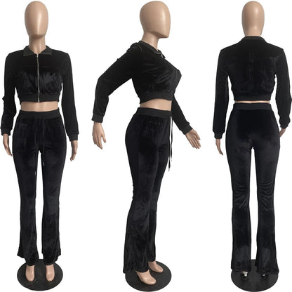 Fall 2022 Solid Velvet Sweatsuit Women Two Piece Sport Suit Zipped Long Sleeve Crop Coat and Bell Bottom Pant Velour Tracksuit-meg BEST buys