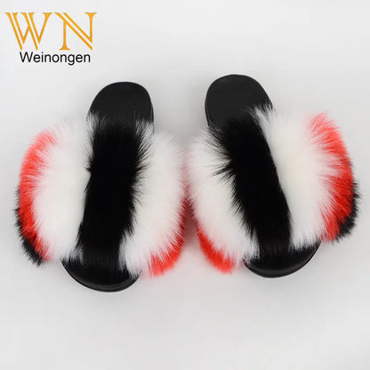 Custom new Summer Colorful Faux Fur Slides For Women Furry Slippers Slides Ladies Big Size Faux Fox Hair sandals-meg BEST buys