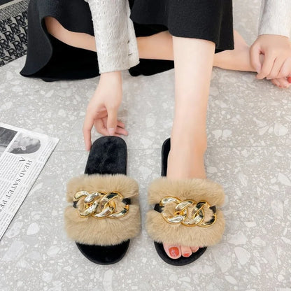 Leslides High Quality Fur Flat Sandals Furry Women's Sandals Soft Fur Slippers Sandals Fur Indoor Slides With Large Gold Chain-meg BEST buys