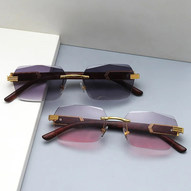 2021 Brand Metal Diamond Cut Sunglasses Luxury Men Sunglasses Rimless Square Wood Color Small Sunglasses Women Shade Glasses-meg BEST buys