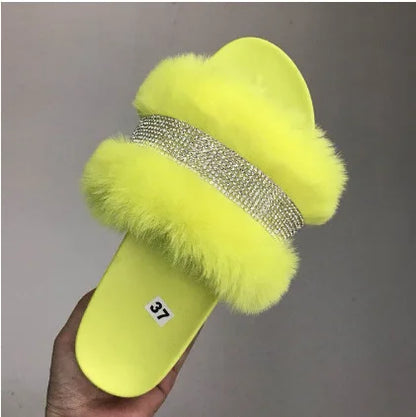 Rhinestone Fur Fluffy Plush Slippers Women Glitter Slides Blinged Platform Slippers For Women-meg BEST buys