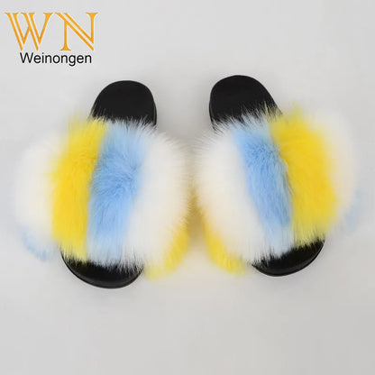 Custom new Summer Colorful Faux Fur Slides For Women Furry Slippers Slides Ladies Big Size Faux Fox Hair sandals-meg BEST buys