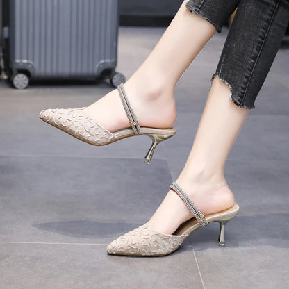French rhinestone slippers one word with stiletto pointed toe shoes women 2022 spring and summer new high-heeled sandals-meg BEST buys