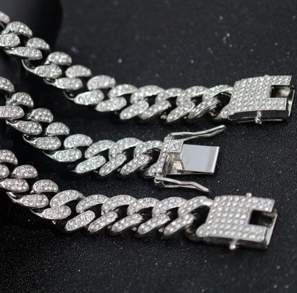 European High Quality Men's Cuban Link Chain Hip Hop Iced Out Crystal Cuban Necklace Link Chain And Bracelet Set for Men-meg BEST buys