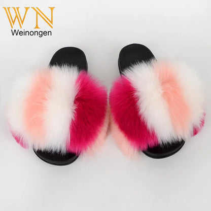 Custom new Summer Colorful Faux Fur Slides For Women Furry Slippers Slides Ladies Big Size Faux Fox Hair sandals-meg BEST buys
