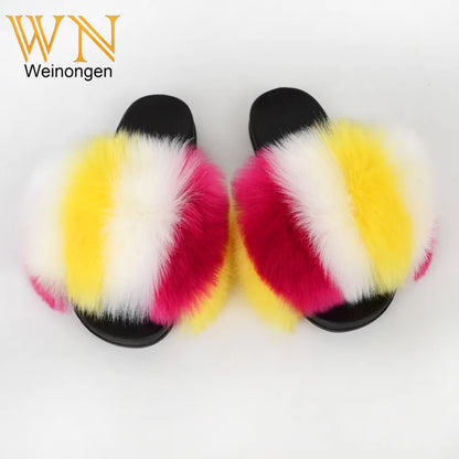 Custom new Summer Colorful Faux Fur Slides For Women Furry Slippers Slides Ladies Big Size Faux Fox Hair sandals-meg BEST buys