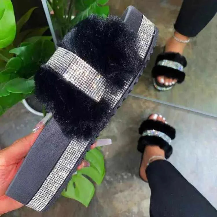 Rhinestone Fur Fluffy Plush Slippers Women Glitter Slides Blinged Platform Slippers For Women-meg BEST buys