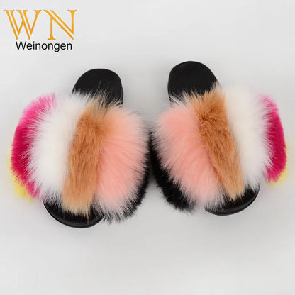 Custom new Summer Colorful Faux Fur Slides For Women Furry Slippers Slides Ladies Big Size Faux Fox Hair sandals-meg BEST buys