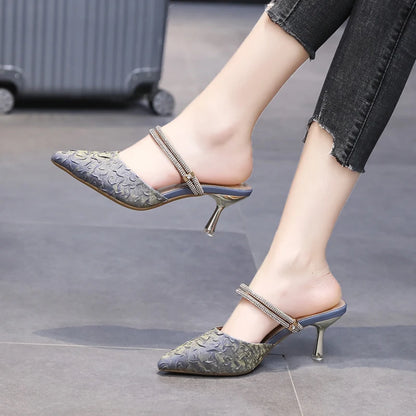 French rhinestone slippers one word with stiletto pointed toe shoes women 2022 spring and summer new high-heeled sandals-meg BEST buys