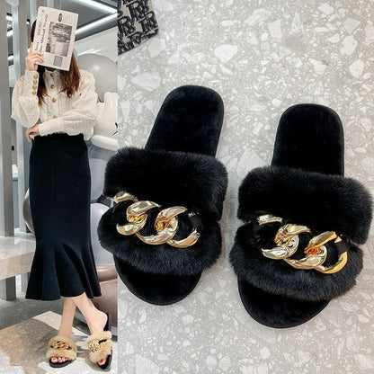 Leslides High Quality Fur Flat Sandals Furry Women's Sandals Soft Fur Slippers Sandals Fur Indoor Slides With Large Gold Chain-meg BEST buys