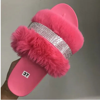 Rhinestone Fur Fluffy Plush Slippers Women Glitter Slides Blinged Platform Slippers For Women-meg BEST buys