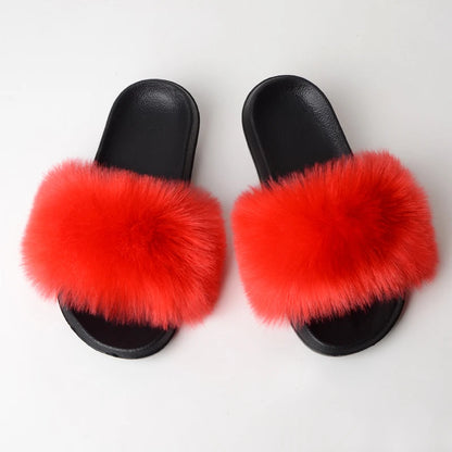 Custom new Summer Colorful Faux Fur Slides For Women Furry Slippers Slides Ladies Big Size Faux Fox Hair sandals-meg BEST buys