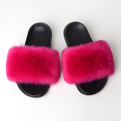 Custom new Summer Colorful Faux Fur Slides For Women Furry Slippers Slides Ladies Big Size Faux Fox Hair sandals-meg BEST buys