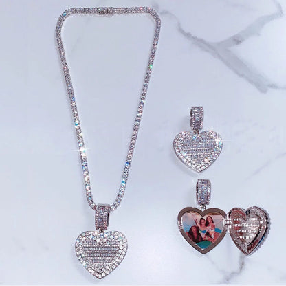 Custom Made Photo Heart Medallions Necklace hip hop iced out bling 5A tennis chain Photo Frame pendant-meg BEST buys