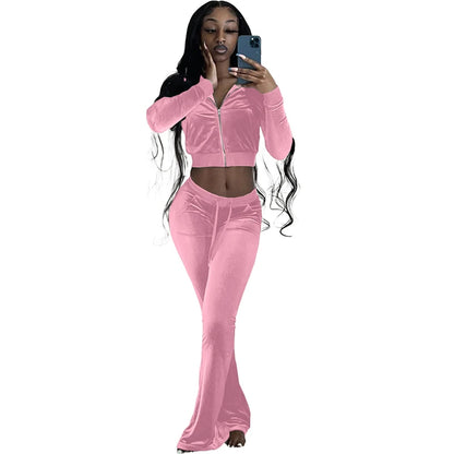 Fall 2022 Solid Velvet Sweatsuit Women Two Piece Sport Suit Zipped Long Sleeve Crop Coat and Bell Bottom Pant Velour Tracksuit-meg BEST buys