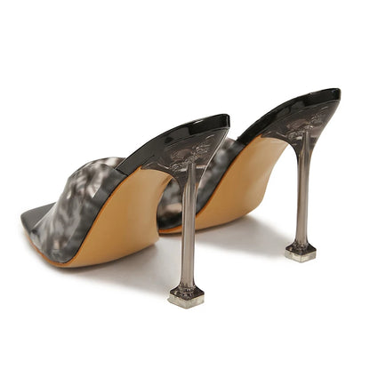 Fashion Sexy Rome Style PVC Summer Outdoor Square Open Toe Ankle Slip-On Mules Leopard High Heel Women Slippers Sandals 35-42-meg BEST buys