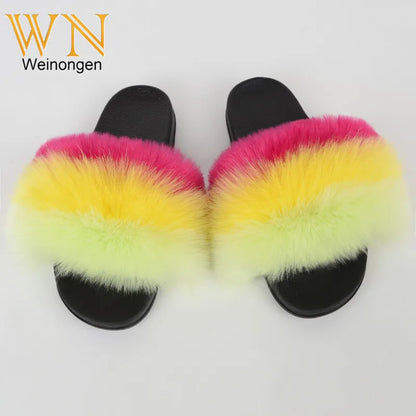 Custom new Summer Colorful Faux Fur Slides For Women Furry Slippers Slides Ladies Big Size Faux Fox Hair sandals-meg BEST buys