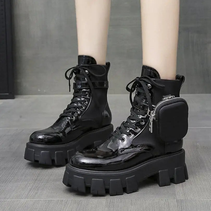 Thick-soled wallet women's boots winter new patent leather women's boots lace up motorcycle boots-meg BEST buys