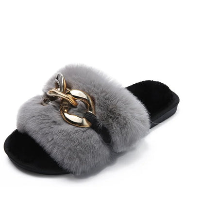 Leslides High Quality Fur Flat Sandals Furry Women's Sandals Soft Fur Slippers Sandals Fur Indoor Slides With Large Gold Chain-meg BEST buys
