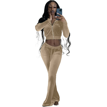 Fall 2022 Solid Velvet Sweatsuit Women Two Piece Sport Suit Zipped Long Sleeve Crop Coat and Bell Bottom Pant Velour Tracksuit-meg BEST buys