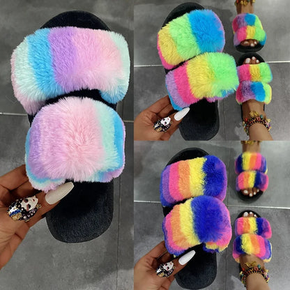 Leslides High Quality Fur Flat Sandals Furry Women's Sandals Soft Fur Slippers Sandals Fur Indoor Slides With Large Gold Chain-meg BEST buys