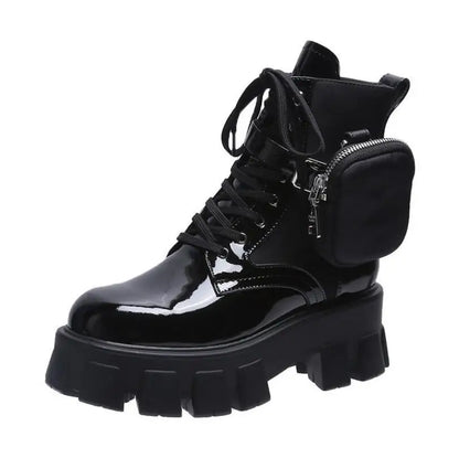 Thick-soled wallet women's boots winter new patent leather women's boots lace up motorcycle boots-meg BEST buys